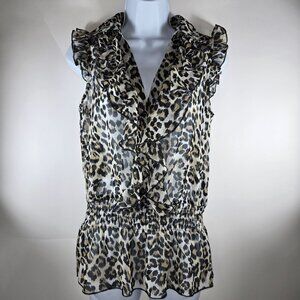 Dots Womens Blouse Chiffon Sleeveless Leopard Print Cinched Waist Ruffles Sz S
